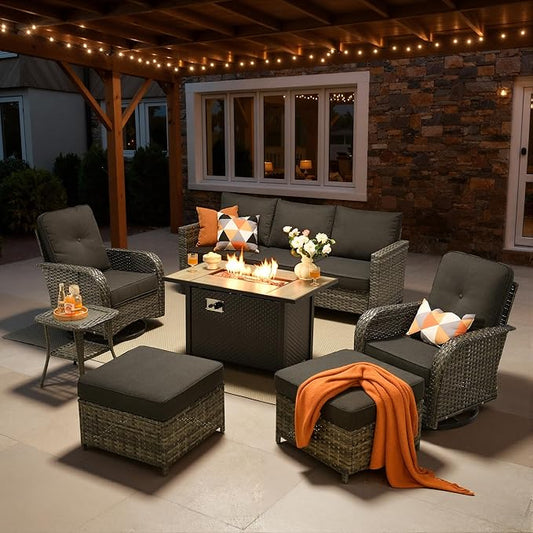 7 Piece Patio Furniture Set with Firepit Swivel Chair, Black | High Back Swivel Rocker Chairs, Deep Seat Sofa Ottoman, Fire Pit Table, Outdoor Conversation Sets for Porch Deck Backyard