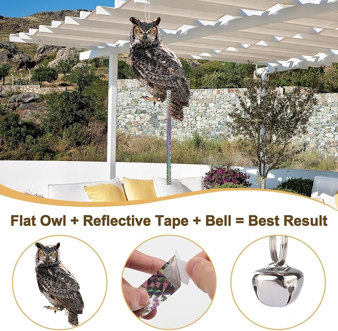 2PCS Fake Owl to Keep Pigeon Away from Balcony Flat Garden Owls with Reflective Tape Plastic Owl to Scare Pigeon Woodpecker for Outdoor House Patio Yard WindowFront Porch Backyard