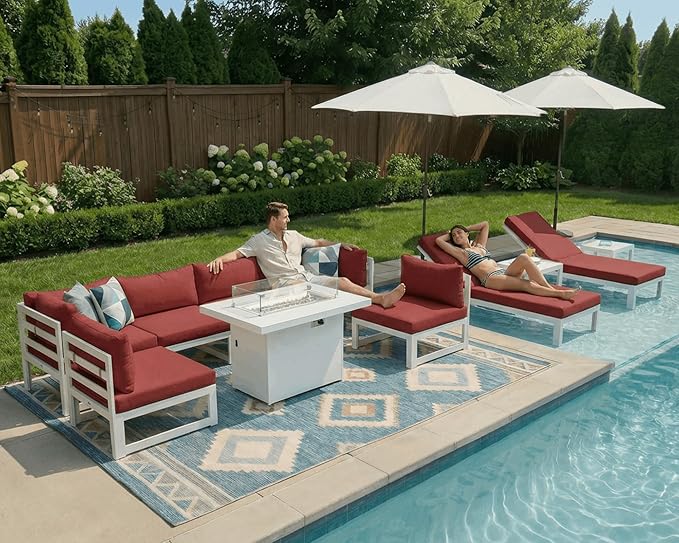 NICESOUL 11 Piece Oversized Modular Aluminum Outdoor Furniture Set with Chaise Lounge, 29" Deep and Wide Sectional Seating, 500 lbs High Weight Capacity Patio Conversation Set for Poolside Deck, Red