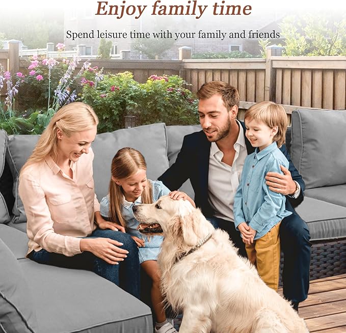 9 Pieces Outdoor Sectional Patio Furniture Set with Fire Pit Table PE Rattan Wicker Patio Sectional Armless Conversation Set with Cushions Grey