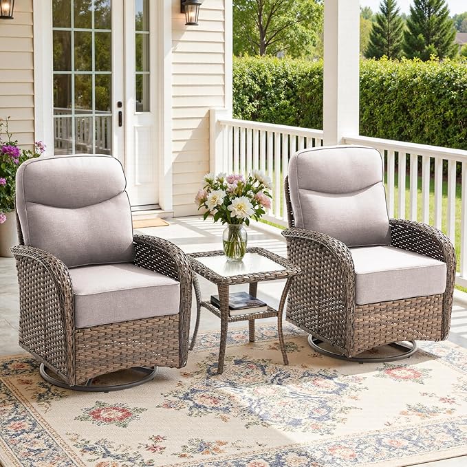 3-Piece Luxury Patio Conversation Set with 6-Inch Thick Cushions, High-Back Outdoor Swivel Rocking Chairs & Side Table, All-Weather Furniture Set for Porch, Deck, Balcony or Backyard – Beige