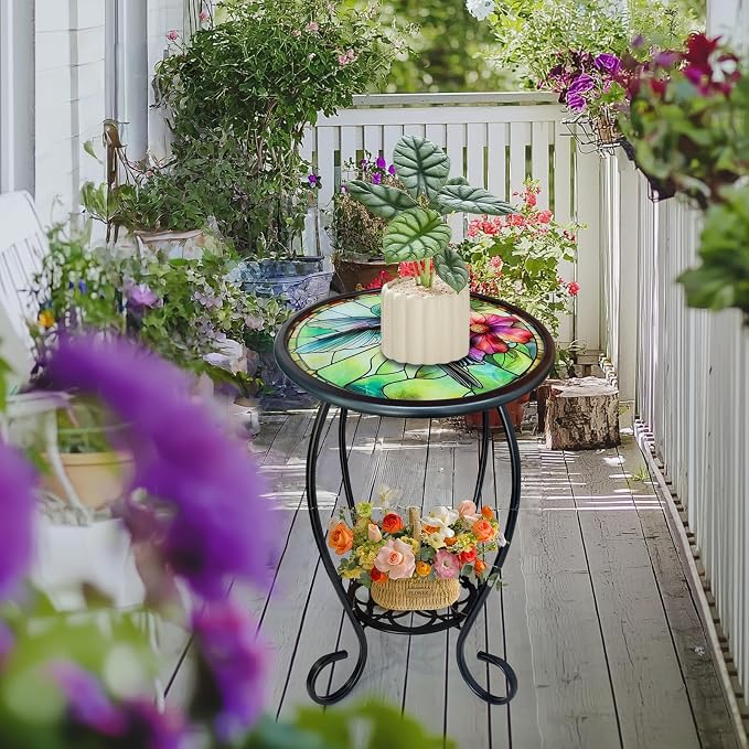 LIFFY Patio Side Table, 14" Round Mosaic Outdoor Table with Glass Hummingbird Tabletop, 21" Height 2-Tier Indoor Small Decorative Plant Stand & Accent Table with Metal Frame for Garden, Yard, Home
