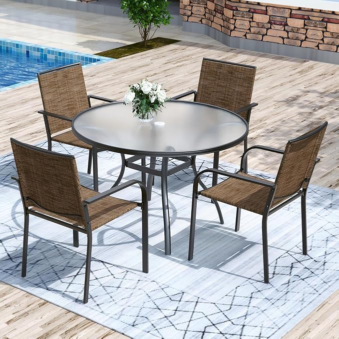 Anmutig 5-Piece Outdoor Dining Set, 40-Inch Round Glass Table with 4 Stackable Chairs, Brown