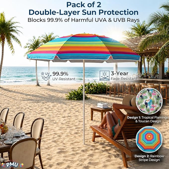 PMU 2 Pcs Set Beach Umbrella 72in Open – Tropical Flamingo Print & Rainbow Stripe, 160G Polyester Large Outdoor Patio Pool Parasol Umbrella for Garden, Deck, Backyard & Pool