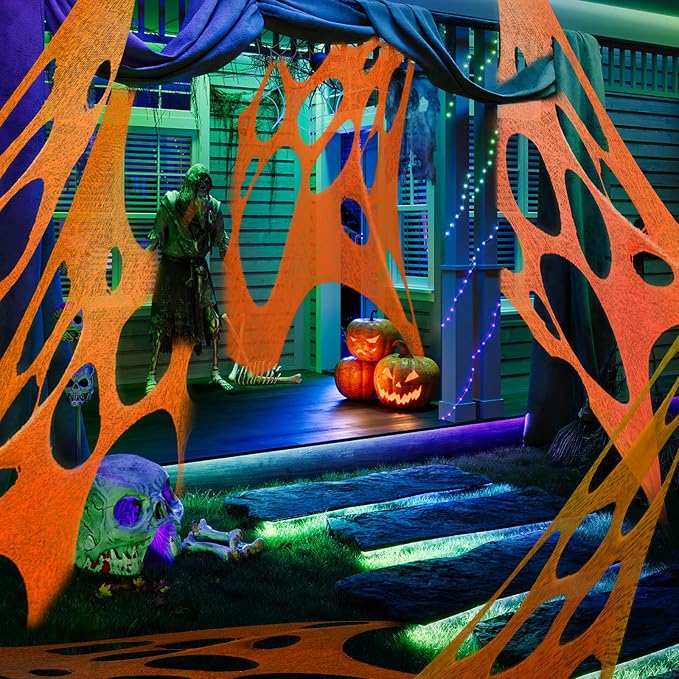 Glow in the dark Purple 1000 Sqft Uncut Giant Spider Web Halloween Decorations Outdoor with 1 Black Light &10 Ground Nails Stretchy Beef Cloth Netting DIY Flexible Elastic for Yard Party Decor