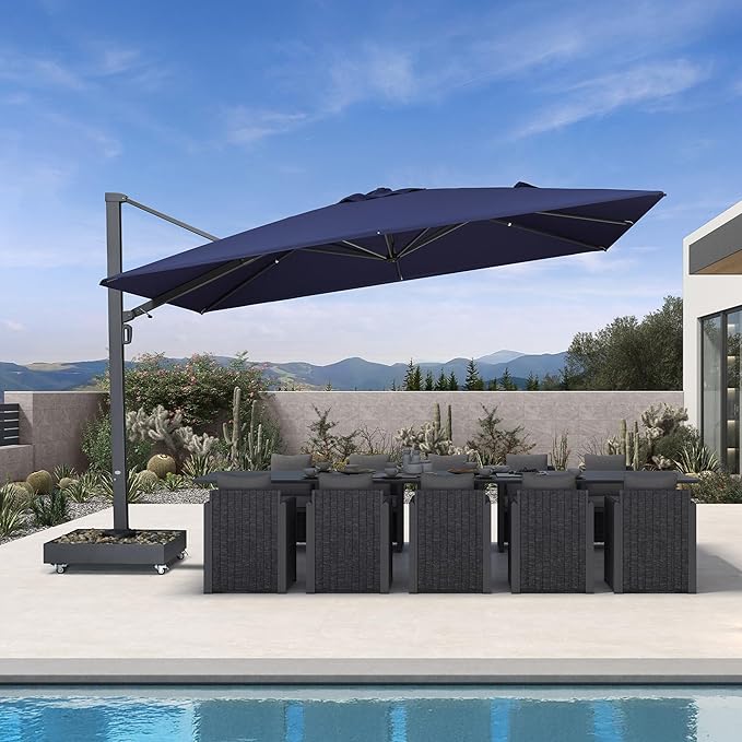 PURPLE LEAF 13' X10' Space Saving Rectangle Patio Umbrella Large Outdoor Aluminum Offset Umbrella with 360-degree Rotation Cantilever Umbrella for Garden Deck Backyard Pool Navy Blue