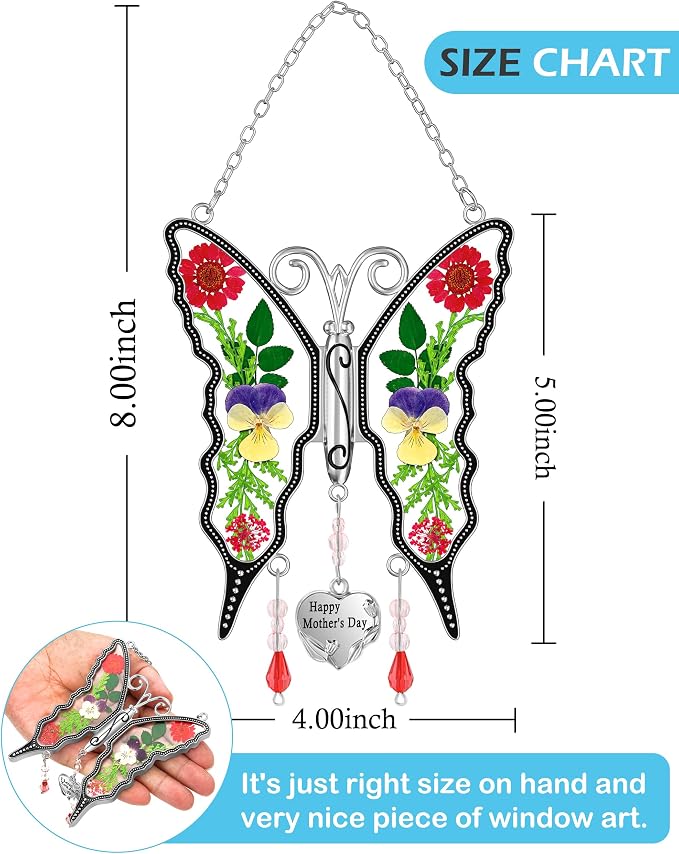 KY&BOSAM Gifts for Women Happy Mother`s Day Butterfly Suncatcher Stained Glass Suncatcher for Window Hanging Home Decor Wind Chime with Pressed Real Flower Garden Decor Gifts for Mom Mothers Day