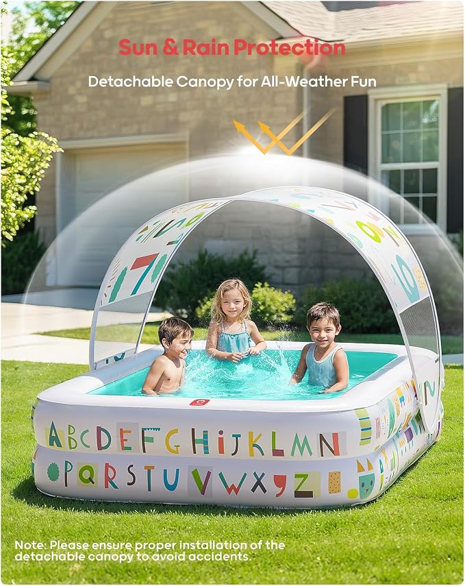 QPAU Kiddie Pool – 65" x 39" Inflatable Pool for Kids & Toddlers, Ball Pit & Baby Pool with Soft Cushioned Floor, Canopy for Sun Protection, Durable Outdoor Play Toys for Backyard & Indoor (Green)