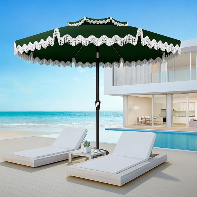 AreShark 9FT Patio Umbrella with Fringe, Wind-Resistant Fiberglass 8 Ribs Tassel Outdoor Umbrella with Crank and Push Button Tilt, Double Tier Vent Sun Shade for Pool, Deck, Backyard, Dark Green