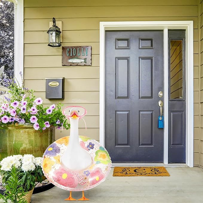 Aliceset 2 Pcs Summer Porch Goose Outfits Hawaiian Pool Goose Cloth Costume Swimsuit with Swim Ring Sunglasses, Fits 23'' Lawn Statue for Patio Yard Garden Outdoor Decor(Flower Style)