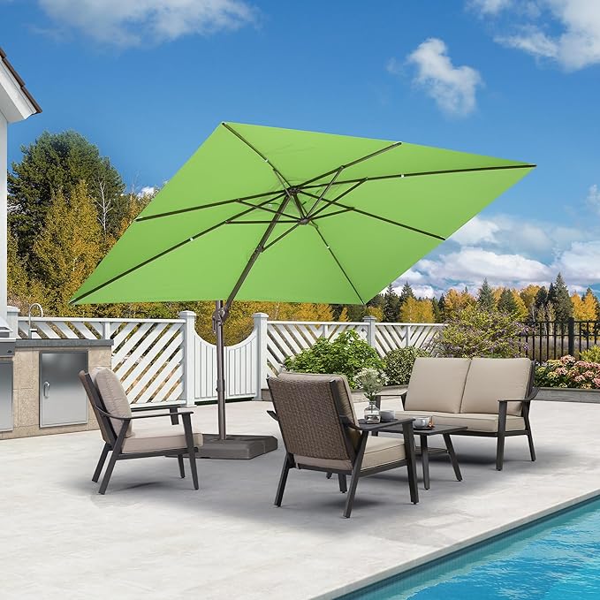 PURPLE LEAF 9' X 11.5' Rectangle Cantilever Umbrella Patio Umbrella Antique Bronze Outdoor Aluminum Offset Hanging Umbrella with 360-degree Rotation for Pool Garden Backyard Deck, Green
