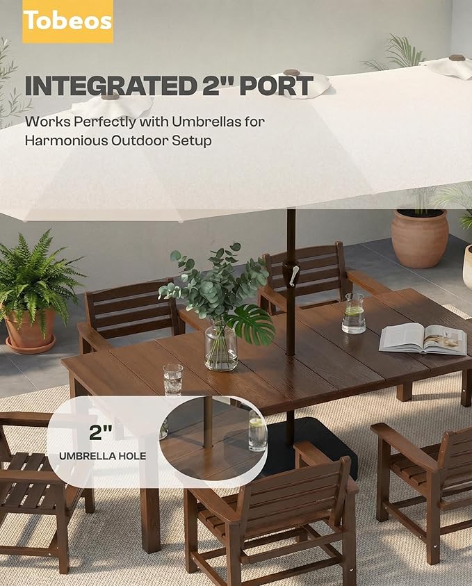 HDPE Outdoor Dining Set for 6, 7-Piece Outdoor Dining Table Set with 11FT Cantilever Umbrella, Patio Table and Chairs Set with Aluminum Frame & Legs(Brown)