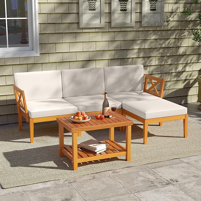 Tangkula L Shaped Outdoor Furniture Set, 5 Pieces Acacia Wood Patio Conversation Set, Modular Outdoor Lounge Sofa Set w/Cushions and Coffee Table for Garden, Backyard, Poolside