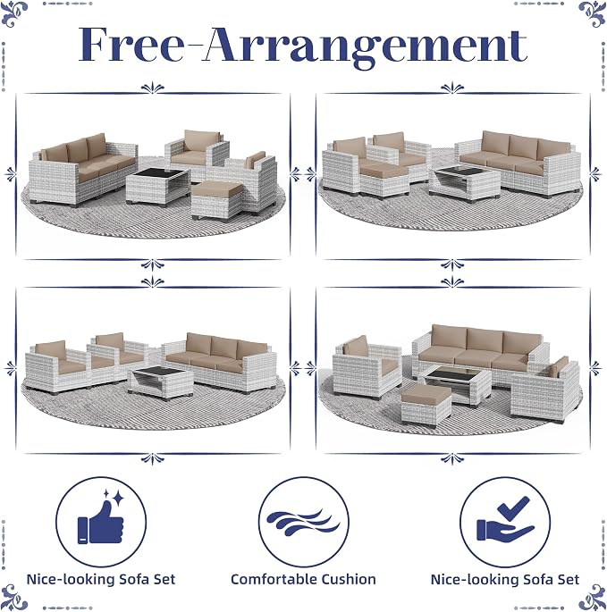 KIGOTY Patio Furniture Set 7 PCS Patio Conversation Sets, All-Weather PE Rattan Outdoor Sectional Sofa with Cushion and 2- Tier Glass Coffee Table（Grey White/Camel）