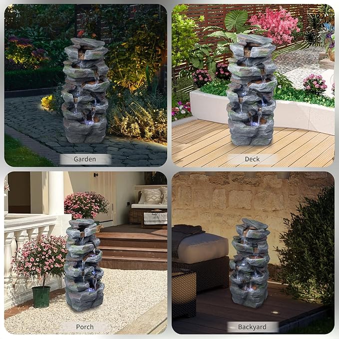 23.6" Outdoor Water Fountain with Lights, Rock Outdoor Fountains and Waterfalls for Garden Patio Backyard, Resin Water Feature
