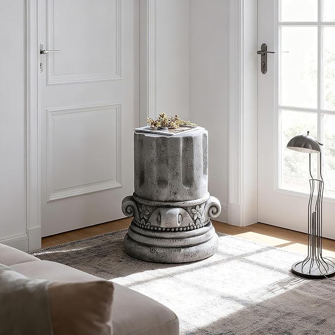 Modern Cement Tree Stump Stool Table, Faux Stone Round Outdoor Side Table for Patio & Garden, Indoor and Outdoor Accent Furniture, Antique Grey