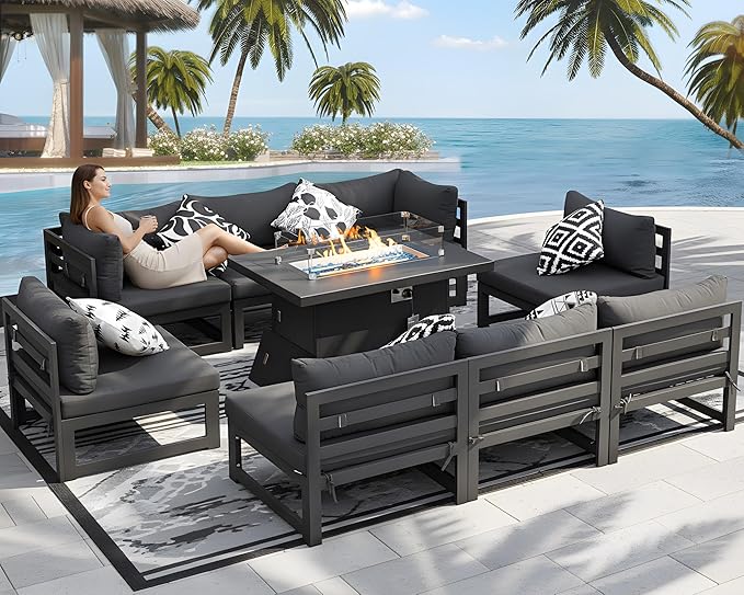 NICESOUL 9 Pcs Modern Aluminum Outdoor Patio Furniture Set with Fire Pit Table Propane/Gas, Extra Large All-Weather Modular Sectional Couch, 29" Wide Deep Seating Conversation Sofa for Deck, Dark Grey
