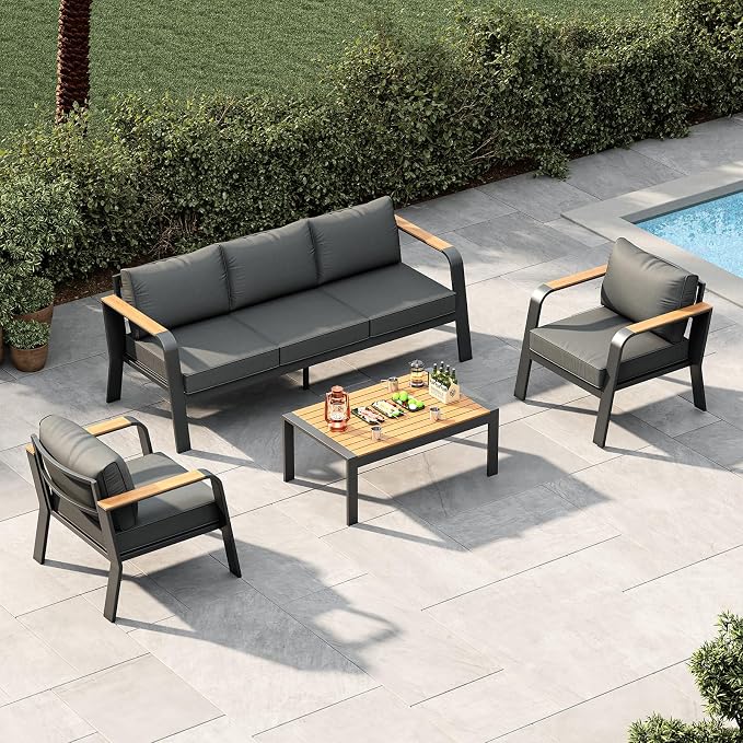 Garvee Aluminum Outdoor Patio Furniture Set with Coffee Table 5 Seats Patio Conversation Set Washable Thick Cushions All-Weather Metal Outdoor Furniture Sets for Poolside Balcony Deck, Gray
