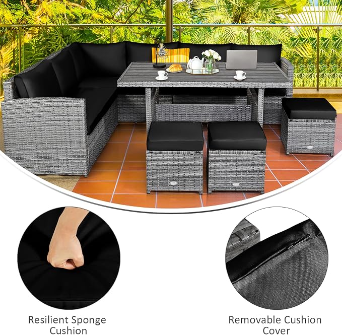 Tangkula Patio Furniture Set for 6, 7 Piece All Weather Heavy Duty PE Wicker Sectional Sofa with Dining Table and Ottomans, Rattan Conversation Set for Backyard, Deck, Poolside