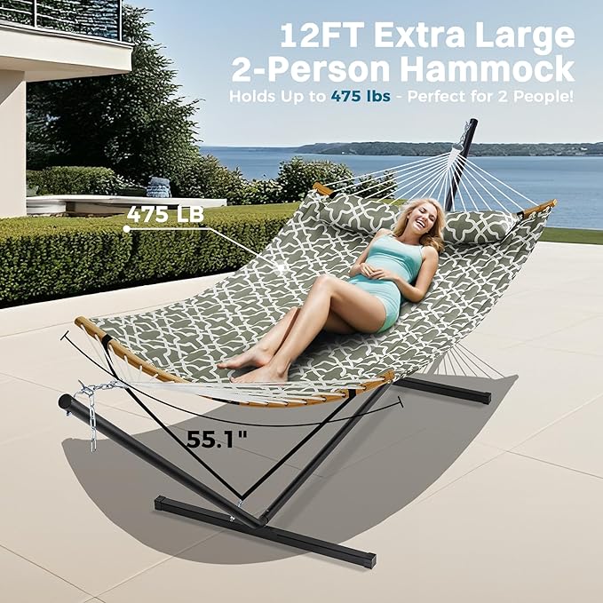 SUPERJARE Hammock with Stand, 2 Person Heavy Duty Hammock with Padded Cotton, Detachable Pillow & Strong Curved-Bar & Portable Carrying Bag, Perfect for Outdoor & Indoor, Grey with White Flower