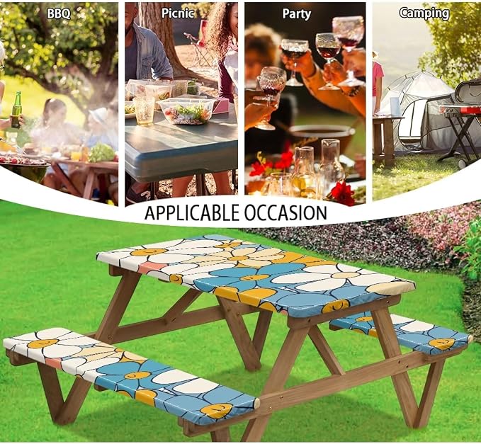 Cute Floral Picnic Table Cover with Bench Covers with Elastic Band Outdoor Camping Tablecloth Water and Oil Repellent Elastic Picnic Table Cover Suitable for Family Gatherings Vacations