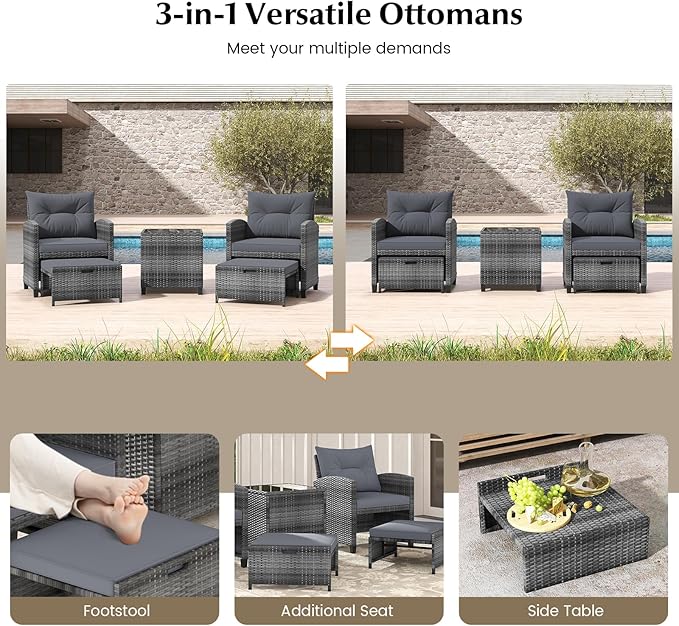 Tangkula 5 Pieces Patio Conversation Set, PE Wicker Rattan Outdoor Furniture Set with 2 Chairs, 2 Ottomans & Tempered Glass Coffee Table, Ideal for Poolside, Backyard, Lawn, Deck, Grey