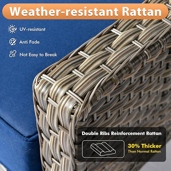 Outdoor Patio Furniture Sets, 4 PCS Patio Conversation Set Outside Rattan Sofa with Solar Light Coffee Table Comfy Cushions Fit Backyard Porch Garden Poolside Balcony,Navy Blue
