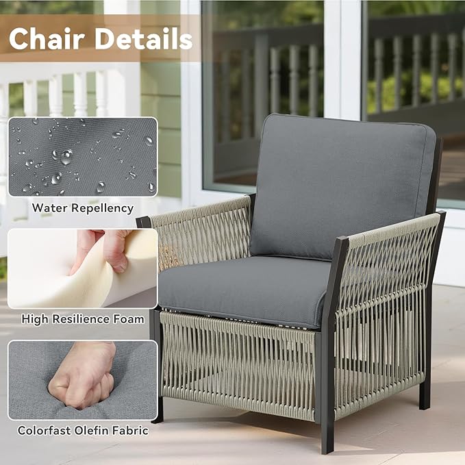 Outdoor Patio Chairs Set of 2, Handmade Rattan Wicker Chairs, PE Patio Furniture Set with Chic Minimalist Style for Garden, Porch, Backyard(Grey)