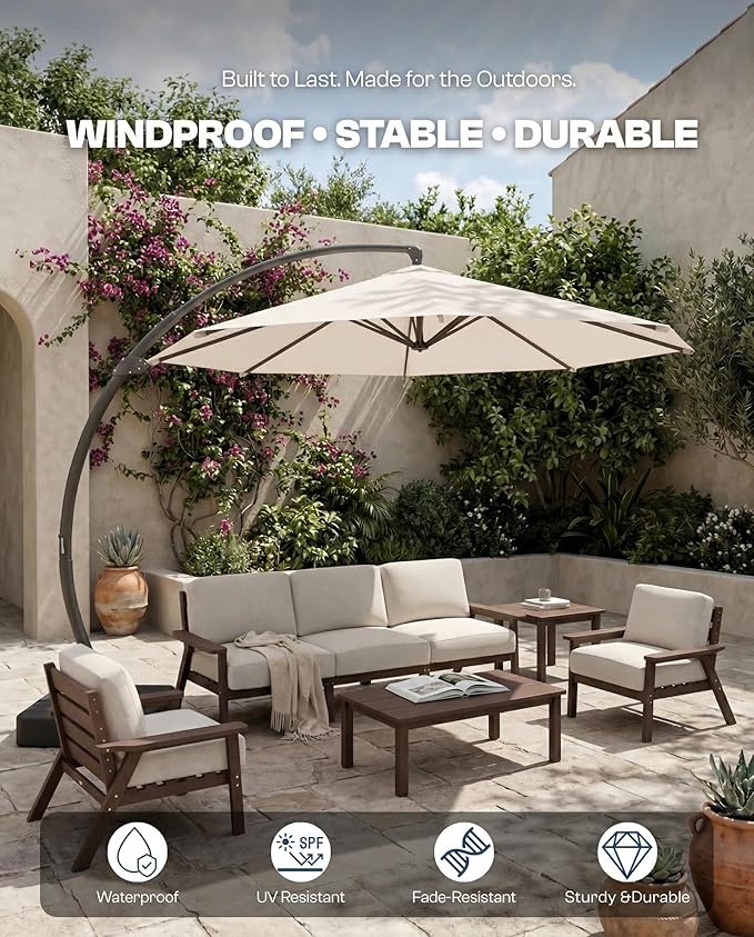 11 FT Cantilever Umbrella with Base Included, Large Round 360° Rotation Offset Umbrella Outdoor Patio, Heavy Duty Aluminum Frame, Sand-Weighted Stand, for Deck, Backyard, Pool, Garden (Cream White)