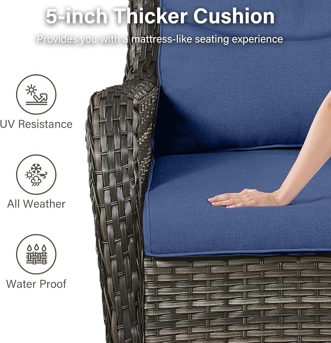 Outdoor Swivel Rocker Patio Chairs Set of 4 with Sofa - 5" Thick Cushion 4 Piece Furniture Set with Sofa All Weather Wicker Conversation Set for Porch Deck - Brown Wicker | Blue Cushions