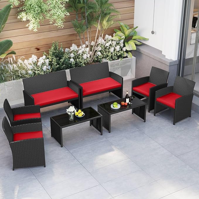 RELAX4LIFE 8-Piece Patio Furniture Set - Wicker Rattan Outdoor Sectional Sofa Set w/Glass Coffee Table, Loveseat, Chairs & Soft Cushions, Bistro Conversation for Garden Porch (2, Black-Red)