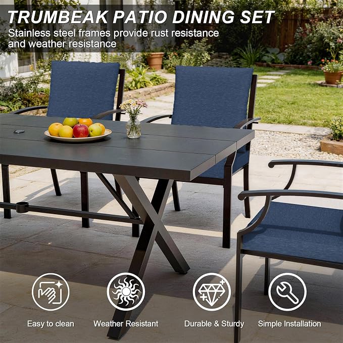 10 Piece Outdoor Dining Set for 8, Patio Table and Chairs Set with Umbrella, Metal Patio Furniture Set with 8 Stackable Chairs, Outdoor Table and Chairs with Cushions for Lawn, Garden, Yard-Navy