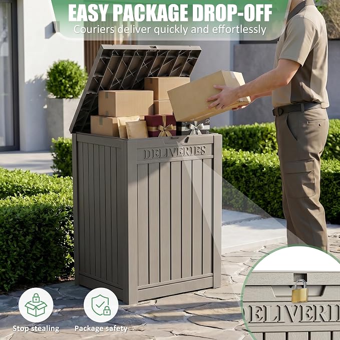 EasyUp Package Delivery Boxes for Outside, 55 Gallon Outdoor Parcel MailBox Drop Storage Deck Box Secure Resin Waterproof Lockable UV Resistant Patio Porch Mail Grey