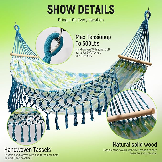 Portable Hammock, Bohemian Hammock,2person Hammock,for Suitable,Patio,Beach,Backyard,Garden,（Cyan 79 * 59