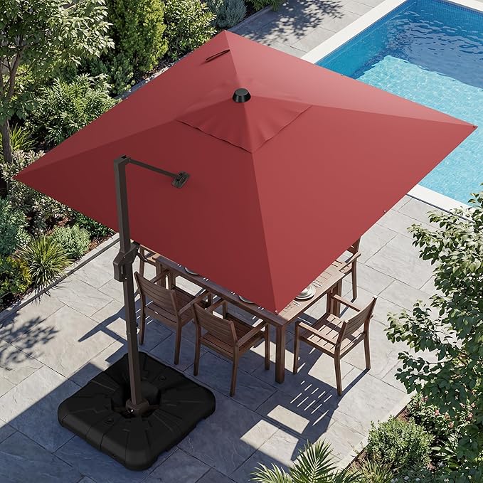 10x10FT Cantilever Outdoor Umbrella with Base, 360° Rotating Large Offset Square Patio Umbrella, Ideal for Garden Backyard Deck Courtyard, Red
