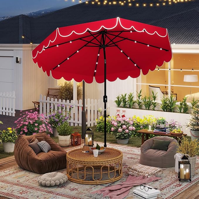HAPPYGRILL 10 FT Patio Umbrella with Solar Lights, Market Sunshade with Ruffles, Vented Top, Tilt Adjustment & Built-in Crank, Outdoor Parasol Canopy for Backyard Poolside Deck Beach Lawn