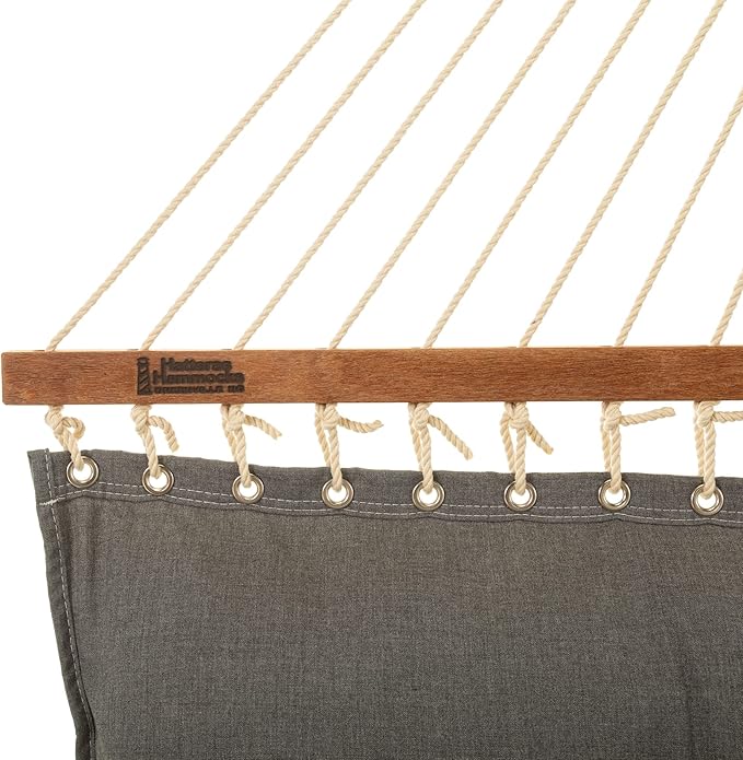 Hatteras Hammocks Large Cast Slate Sunbrella Tufted Hammock with Detachable Pillow – 13 ft. x 55 in., 2-Person, 450 lb Capacity, Cumaru Spreader Bar – Handcrafted in The USA
