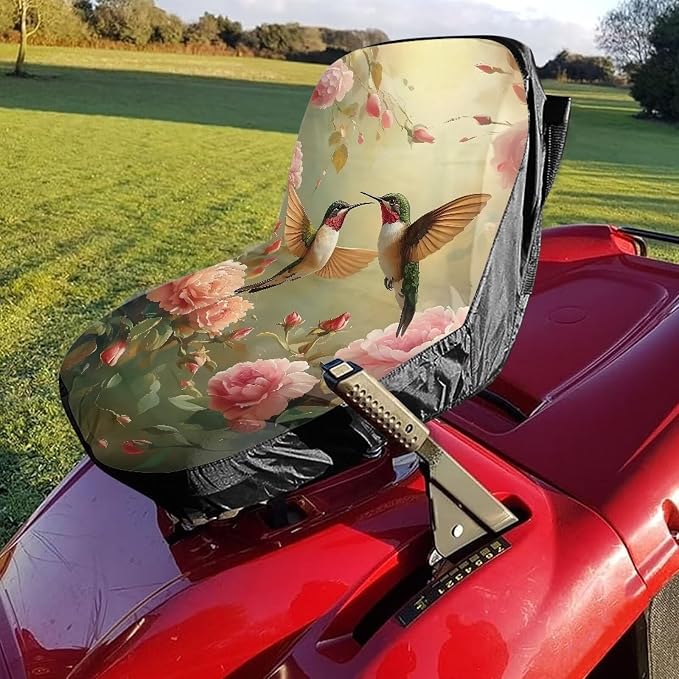 Lawn Mower Seat Cover with Pockets, Hummingbird Pink Floral Non-Slip Tractors Seat Cushion Tractor Decor Tractor Accessories for Men Women