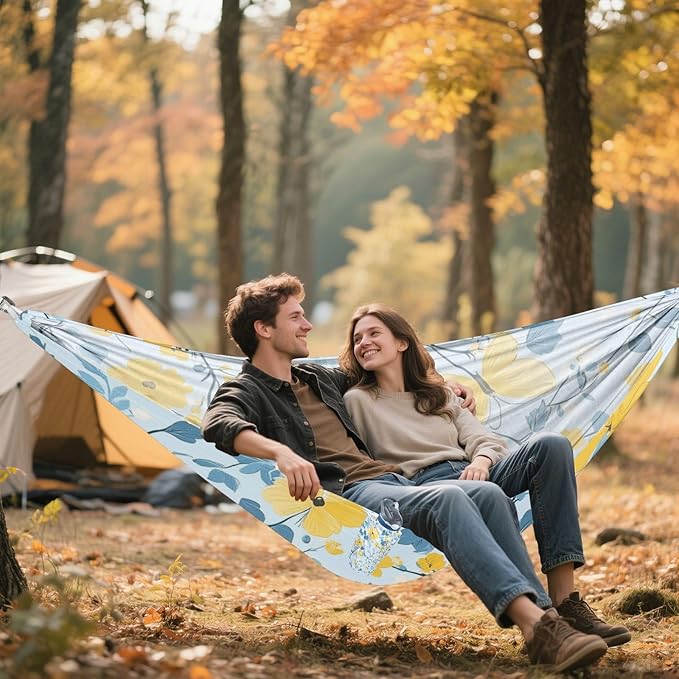Multi-Small Flowers Butterflies Yellow and Light Blue 330lb Capacity Camping Hammocks with Hanging Rope Swing Hammock for Indoor Outdoor Patio accesorios para Camping