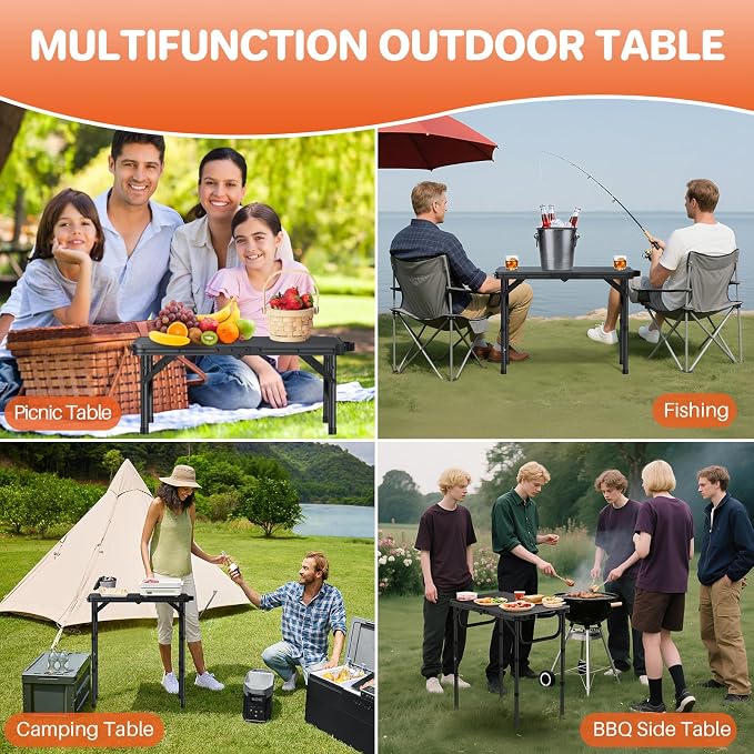 FUNYKICH 2ft Small Foldable Camping Table(22.8'' Lx15.7'' W), 3 Height Adjustable Portable Folding Table, Lightweight Aluminum Outdoor Table with Carry Handle for Camping, Beach, Picnic, Black