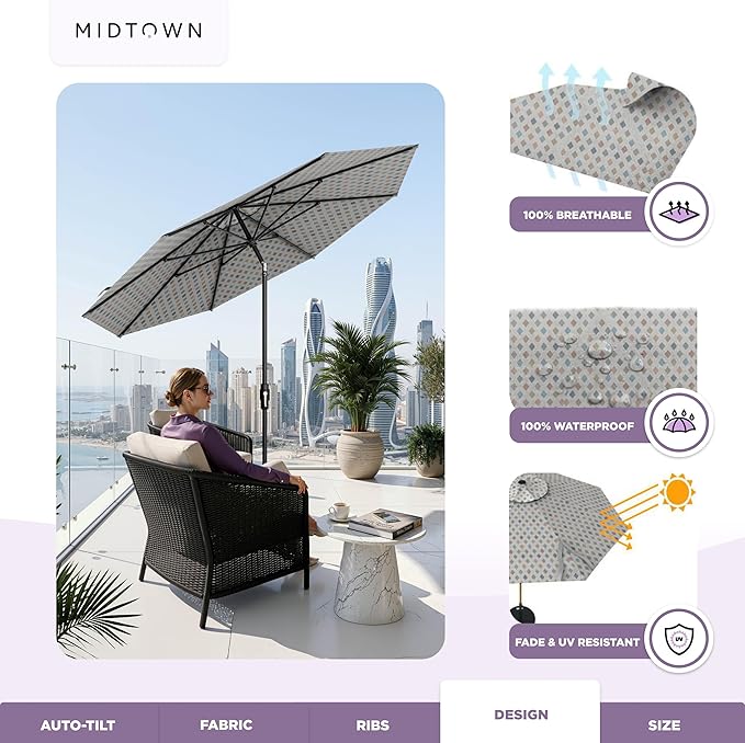 Midtown Umbrellas – The Swilt 8 Ft Patio Umbrella with 360° Swivel & Tilt Mechanism, Sunbrella Fabric & 8 Fiberglass Ribs – Outdoor Umbrella for Deck, Pool & Cafes – Infused Gem Canopy, Black Pole