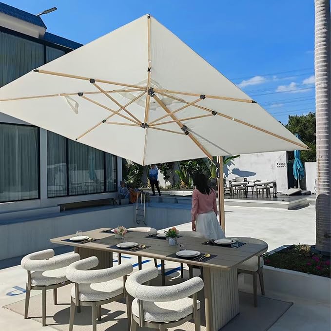 PURPLE LEAF 9' x 12' Rectangle Patio Cantilever Umbrella Large Hanging Umbrella Teak Finished Aluminum Frame Windproof Offset Outdoor Sun Umbrellas for Beach Pool Deck, Cream