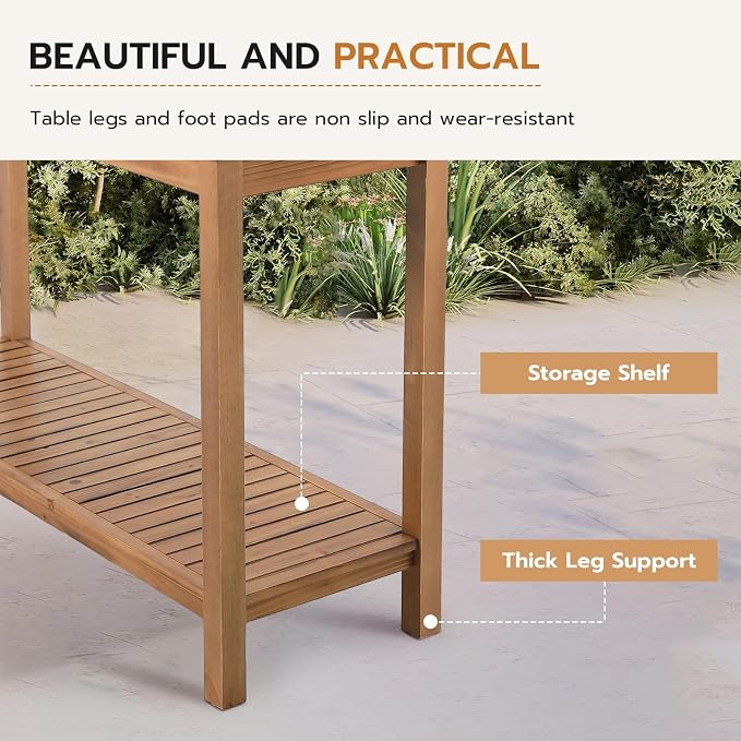 Patio Console Table 2 Shelf - 45'' Outdoor Rectangular Console Table Dining Table Long Bar Table Wooden for Backyard, Balcony, Poolside (Brown)