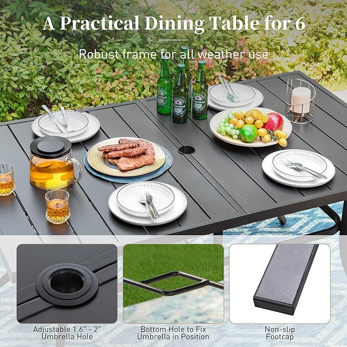 SUNSHINE VALLEY 60" Patio Dining Table for 6, Rectangle Patio Table with Umbrella Hole,E-Coating and Powder Coating Steel Frame Metal Outdoor Patio Table for Garden Backyard Lawn Yard