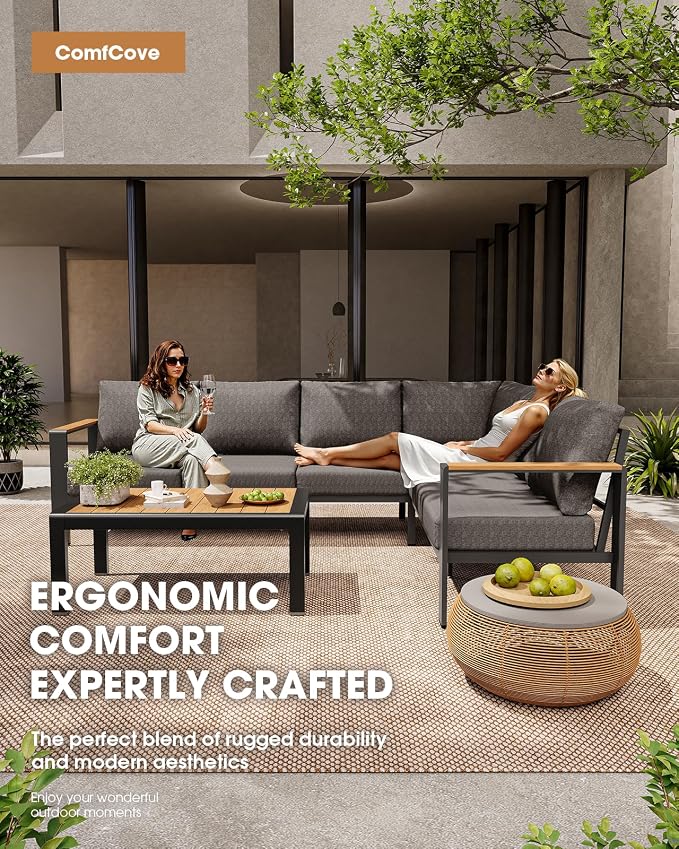 Aluminum Outdoor Patio Furniture Set, 8 Seats Patio Conversation Sets, Oversized Outdoor Sectional with Washable Thick Cushions & Coffee Table for Backyard, Garden and Poolside, Graphite