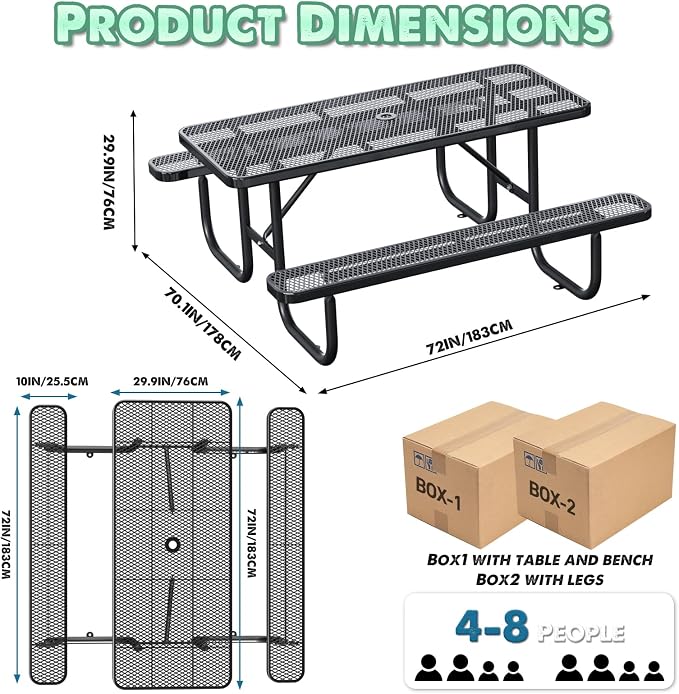 6FT Heavy Duty Picnic Table with 2 Benches, Up to 8 People Expanded Meta Outdoor Patio Dining Table with Umbrealla Hole, Outdoor Bench Set Steel Mesh Dining Furniture for Garden, Lawn, Patio