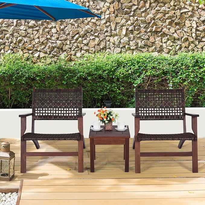 COSTWAY 3 Pieces Patio Rattan Furniture Set, Outdoor Solid Wicker Conversation Set with Wood Frame Chair, Coffee Table for Yard, Garden, Porch, Balcony, Apartment