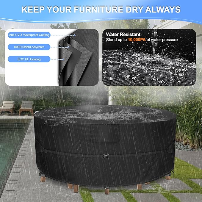Patio Furniture Covers Round, 72"Dia x 28"H, Heavy Duty Patio Table Covers Waterproof, Outdoor Table and Chair Set Cover for Outdoor Furniture, Black