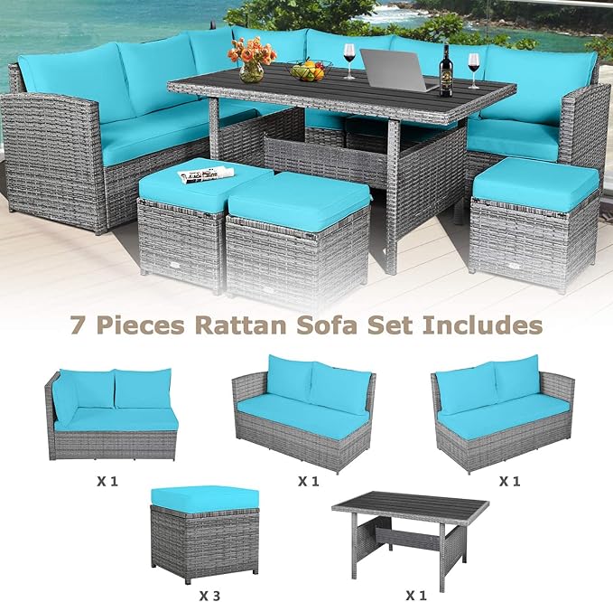 HAPPYGRILL 7 Pieces Rattan Wicker Patio Conversation Set, Outdoor Patio Furniture Set with Cushions, Rattan Sofa Set with Dining Table & Ottomans for Poolside Backyard Balcony Garden (Turquoise)