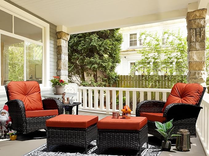 Patio Furniture Conversation Set with Ottomans, 5 Piece Wicker Patio Swivel Rocking Chairs with 360° Swivel Glider and Glass Coffee Table for Porch, Deck, Garden,Red